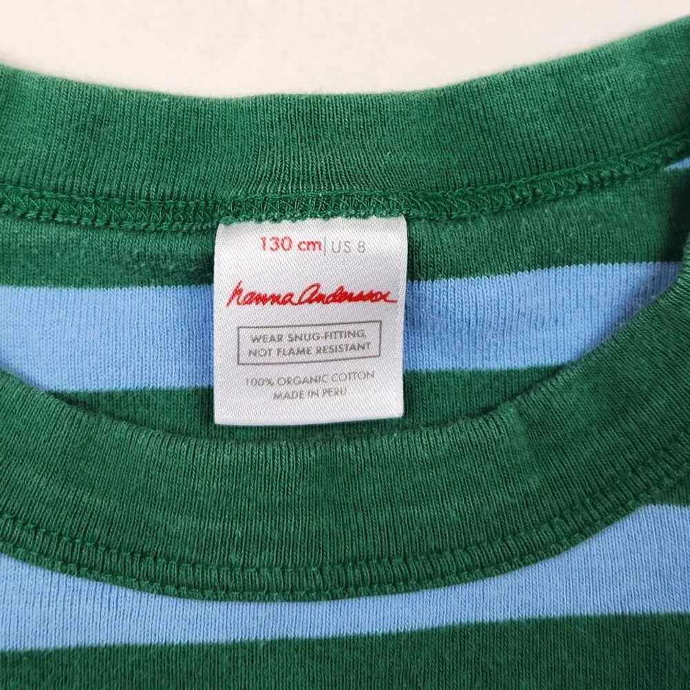 Hanna Andersson Green Blue Stripes Short Sleeve Pajama Shirt 130 cm US 8